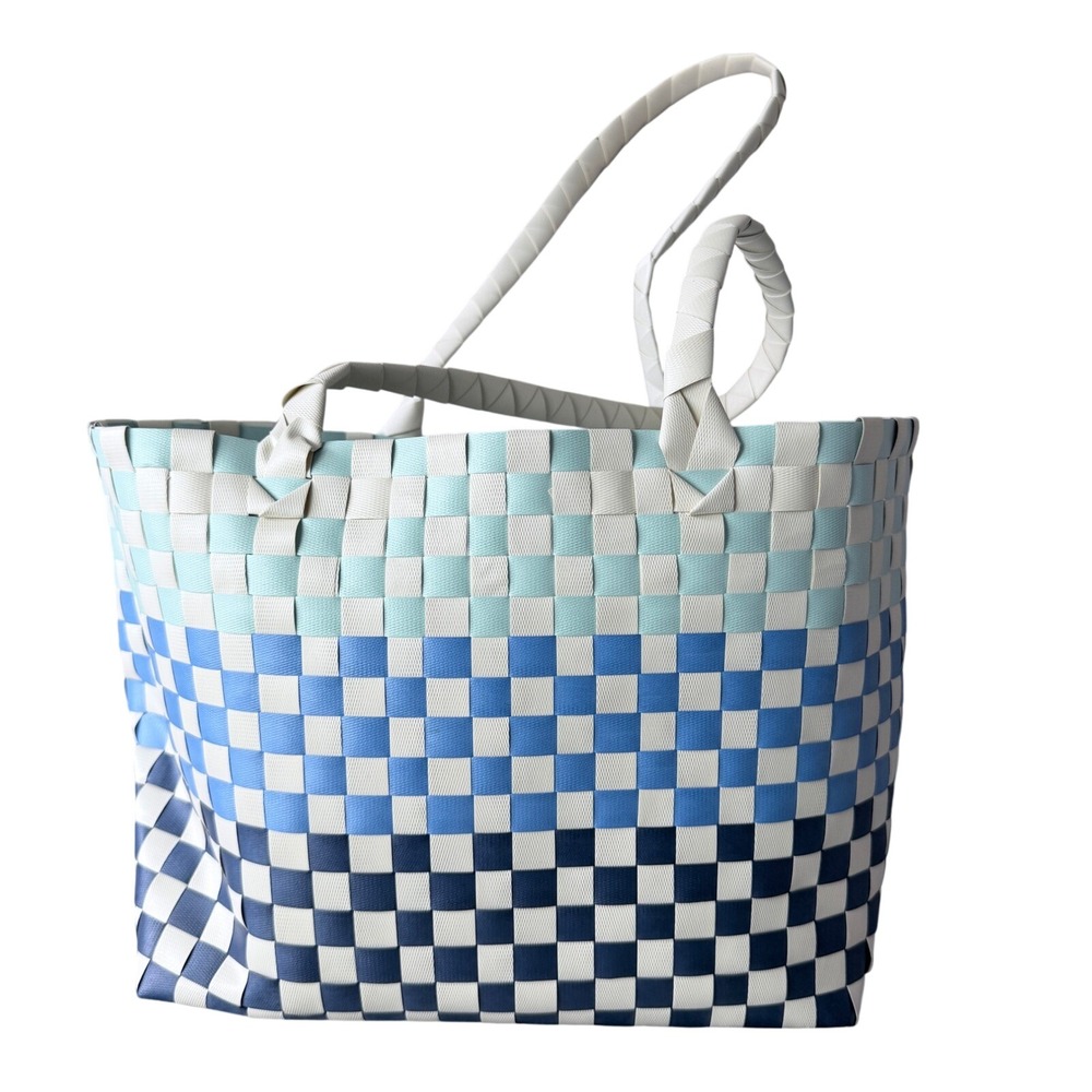Woven Basket Tote Bag Women Blue White Gingham Checkered Beach Picnic Vacation